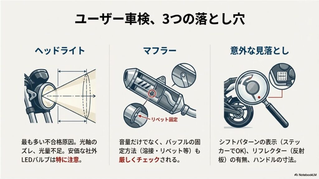 バイクのユーザー車検に初めて落ちた！ユーザー車検で落ちやすいヘッドライトの光軸、マフラーの音量・固定、シフトパターンなどの検査項目
