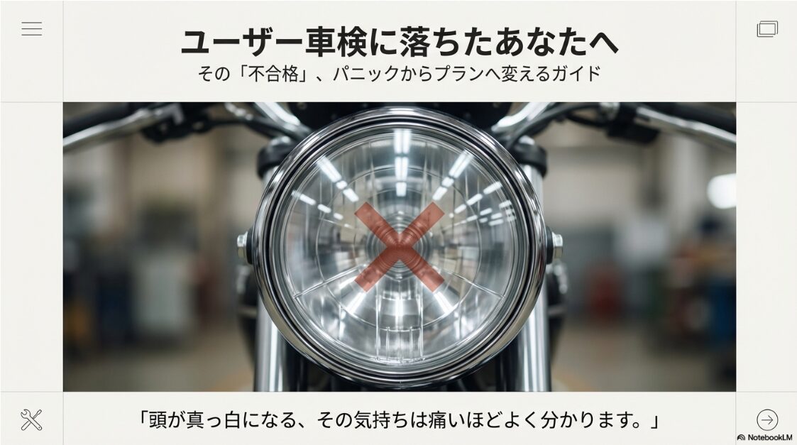 バイクのユーザー車検に初めて落ちた！ユーザー車検に落ちて頭が真っ白になっているライダーへ向けた、パニックからプランへ切り替えるためのガイド表紙
