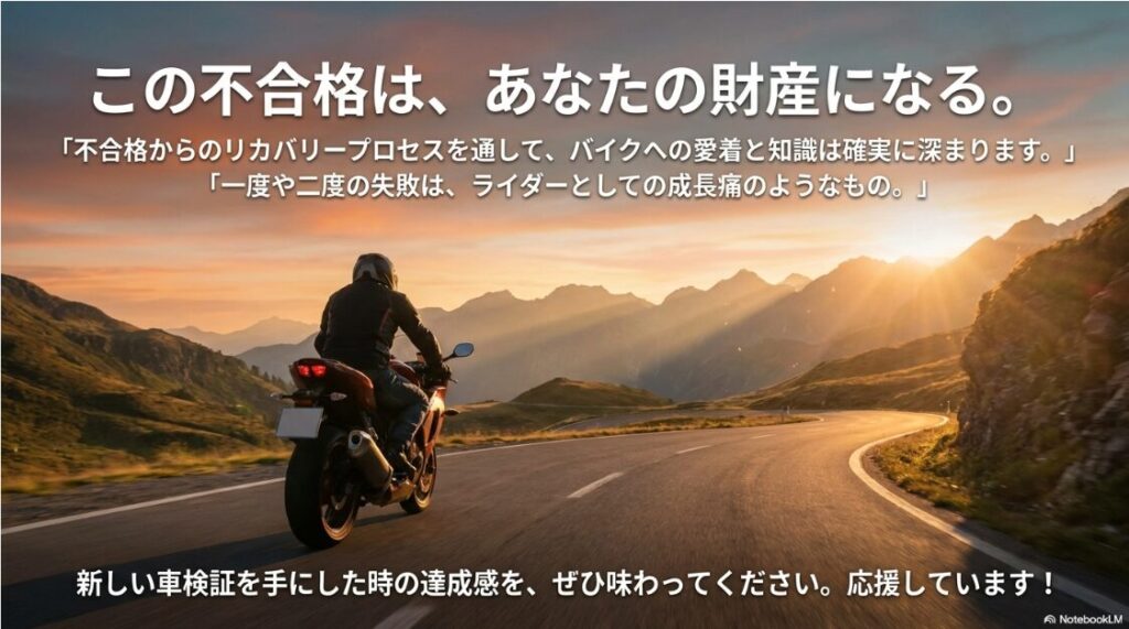 バイクのユーザー車検に初めて落ちた！不合格からのリカバリー経験がライダーとしての知識と愛車への愛着を深めるという応援メッセージ