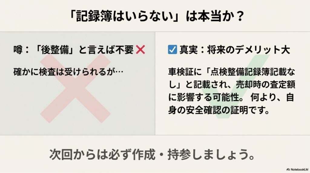 バイクのユーザー車検に初めて落ちた！点検整備記録簿なし（後整備）で車検を通すことの売却査定への影響と安全管理上のデメリット