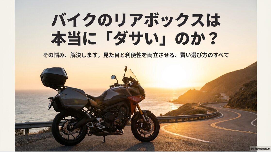 バイクのリアボックスはダサい？ババイクのリアボックスは本当にダサいのか？見た目と利便性を両立させる選び方の解説スライド表紙
