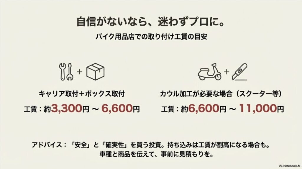 バイク用品店でのリアボックス取り付け工賃の目安。ボックスのみ、キャリア込み、カウル加工が必要な場合の価格帯。