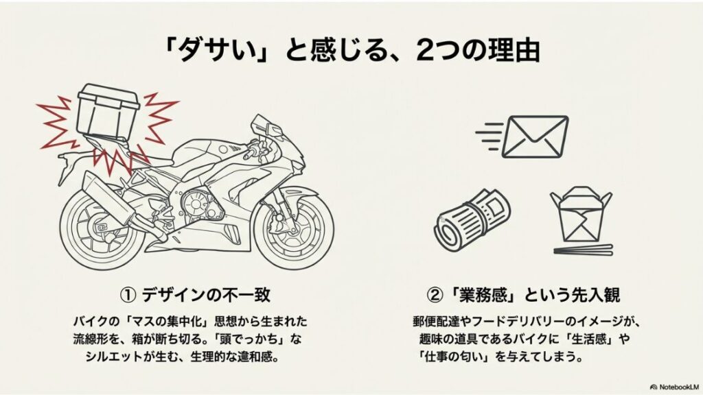 リアボックスがダサいと感じる2つの理由。流線型を断ち切る頭でっかちなシルエットと、業務感という先入観。