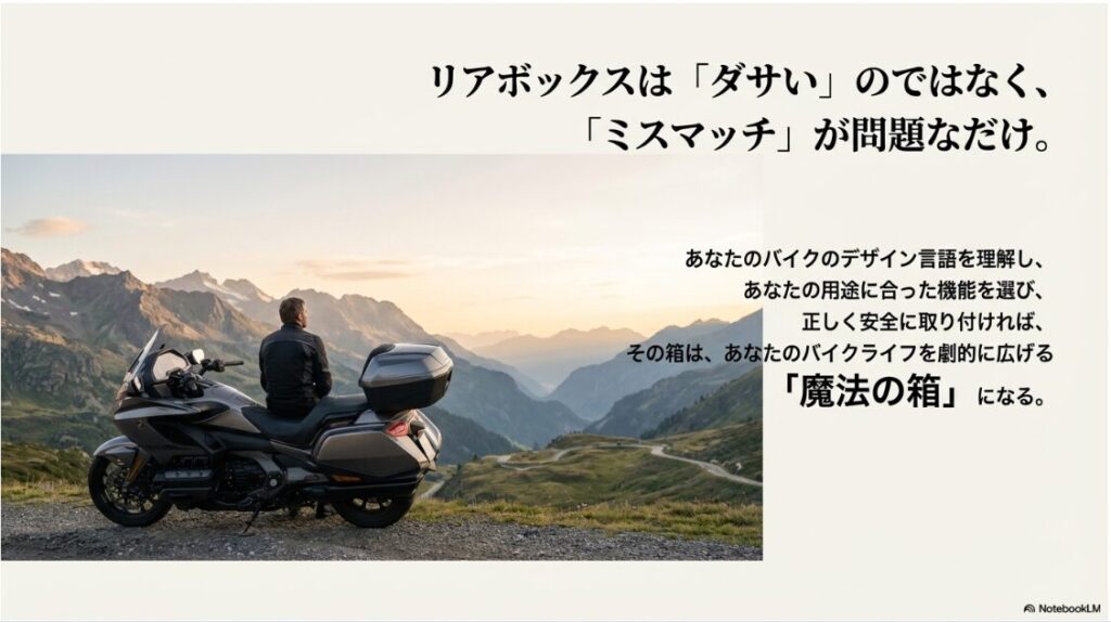 リアボックスはダサいのではなくミスマッチが問題。正しく選べばバイクライフを広げる魔法の箱になるという結論。