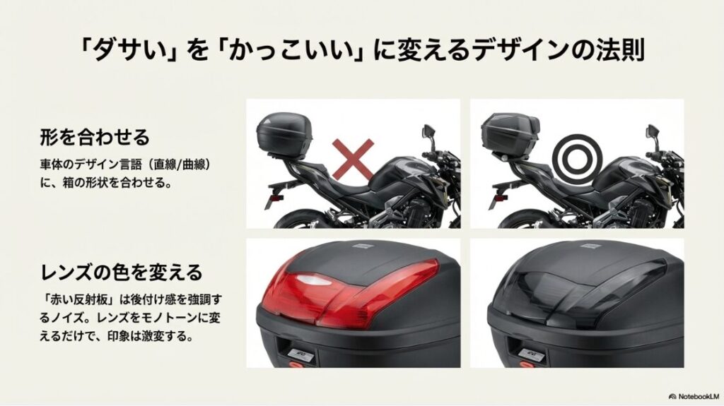 バイクのリアボックス装着例の比較。シルエットが崩れている悪い例と、一体感のある良い例。