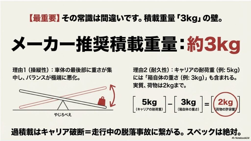 バイクキャリアの積載重量制限の解説。メーカー推奨が約3kgである理由と、やじろべえのようにバランスが悪化する仕組み。