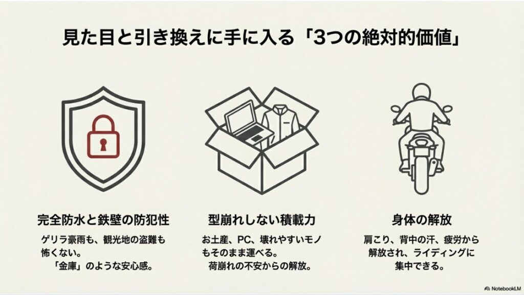 リアボックスの3つの絶対的価値。完全防水による安心感、鉄壁の防犯性、身体の解放による疲労軽減。