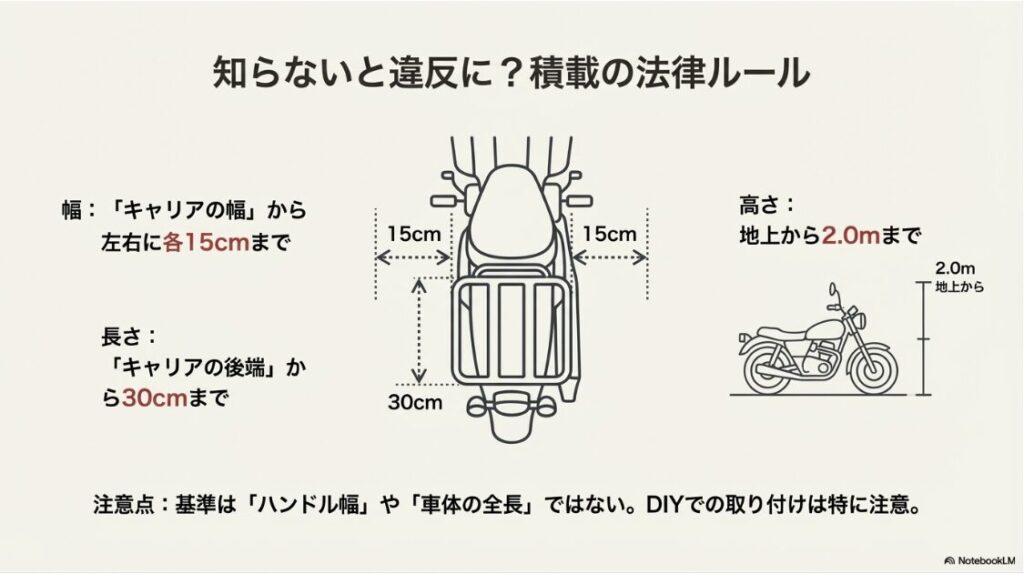 バイク積載の法律ルール図解。幅はキャリア左右15cm、長さはキャリア後端30cm、高さは地上2.0mまで。