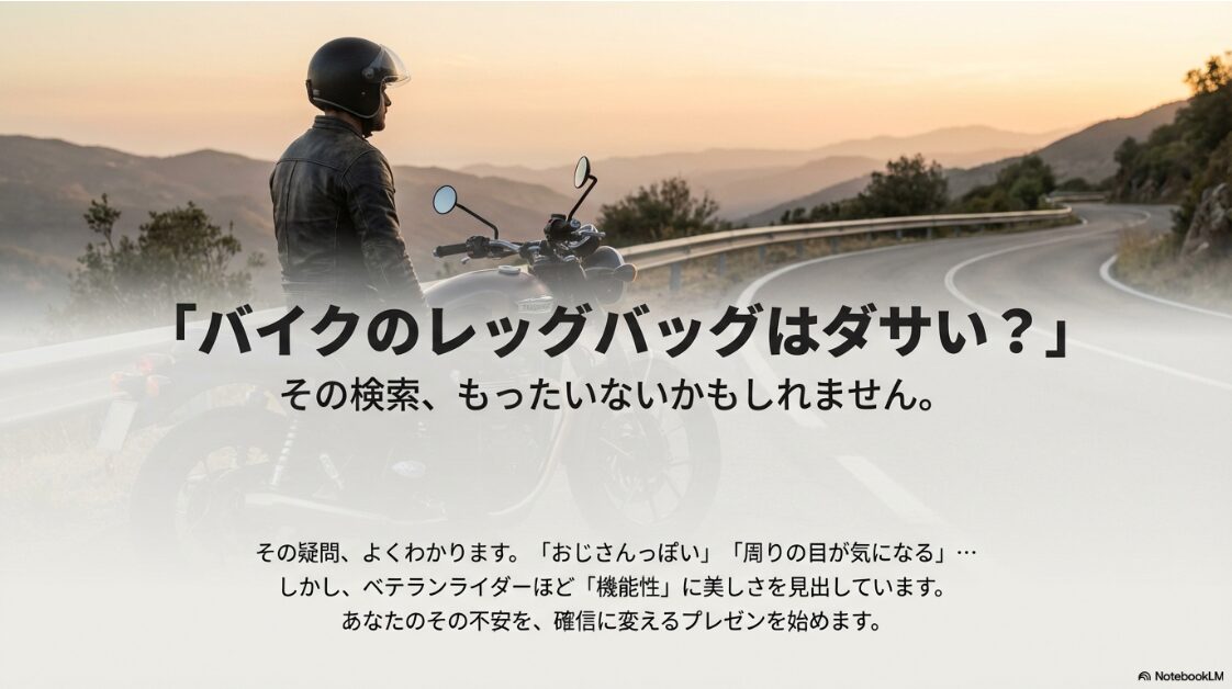 バイクのレッグバッグはダサい：Google検索窓に「バイクのレッグバッグはダサい」と入力されている画像。この記事ではその誤解を解きます。