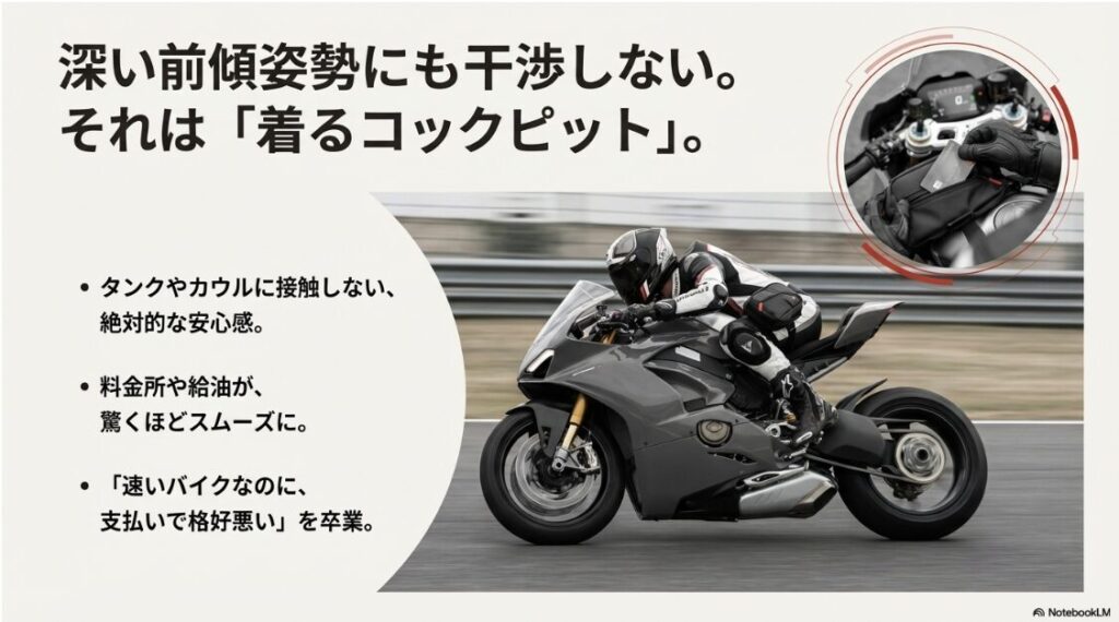 バイクのレッグバッグはダサい？レッグバッグはタンクに干渉せず、料金所や給油をスムーズにする「着るコックピット」としての役割を果たします。