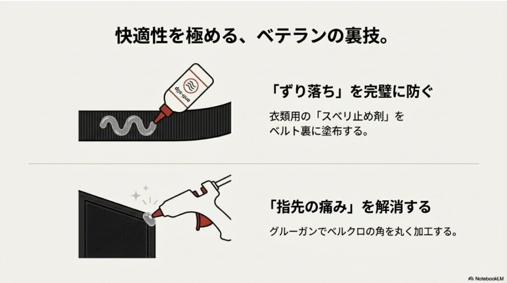 バイクのレッグバッグはダサい？衣類用スベリ止め剤でずり落ちを防ぎ、グルーガンでベルクロの角を丸める。快適性を極めるプロの裏技イラスト。