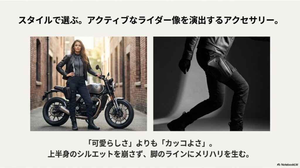 バイクのレッグバッグはダサい？女性ライダーのコーディネート例。上半身のシルエットを崩さず、脚のラインにメリハリを生むレッグバッグのスタイル。