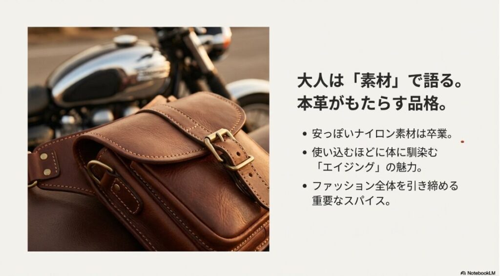 バイクのレッグバッグはダサい？使い込むほどに体に馴染む、高品質な本革（レザー）製レッグバッグ。大人の品格を演出するアイテム。