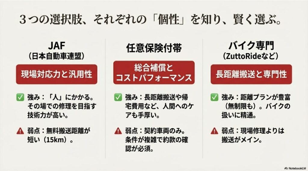 JAF、任意保険、バイク専門サービス（ZuttoRide等）それぞれの強みと弱点をまとめた比較表スライド