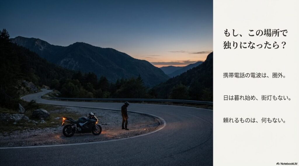 携帯圏外、街灯もない場所でバイクが故障し、独りで途方に暮れる状況を描いたイラスト