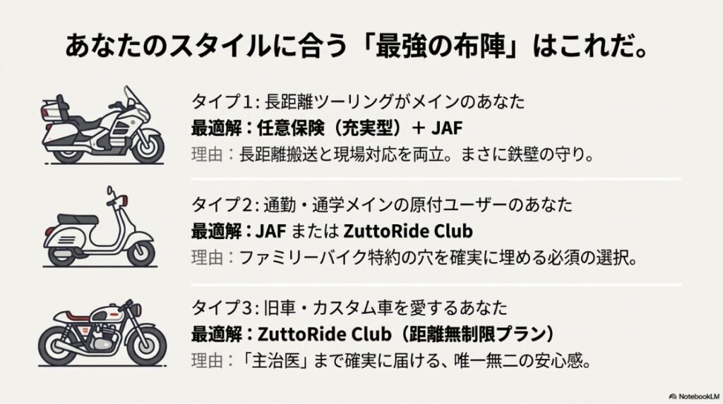 長距離ツーリング、原付通勤、旧車・カスタム車の3タイプ別に、最適なロードサービスの選び方を提案するスライド