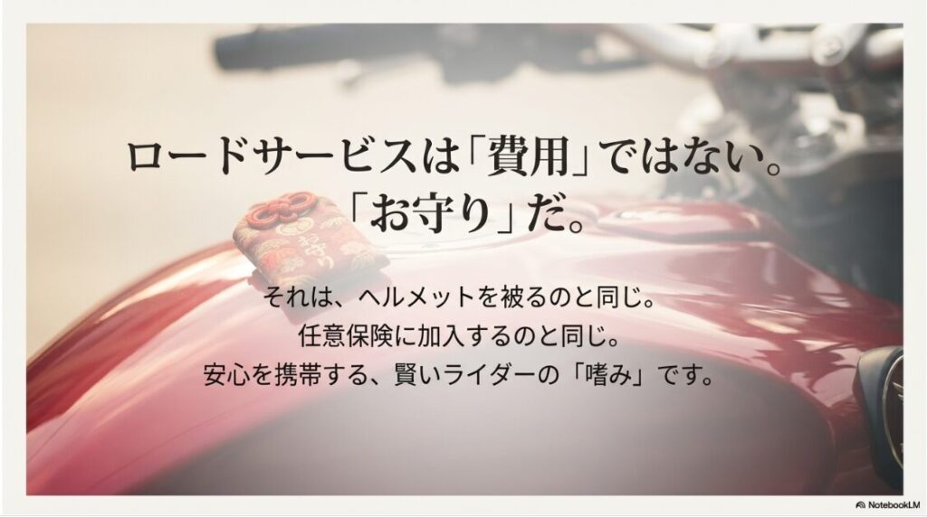 ロードサービスへの加入はヘルメットや任意保険と同じく、安心を携帯する「お守り」であると結論づけるスライド