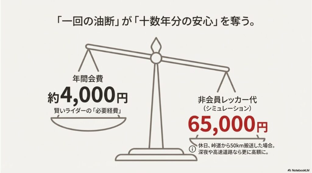 年間会費約4,000円と、非会員時のレッカー代シミュレーション65,000円を天秤にかけ、加入のコストメリットを示した図