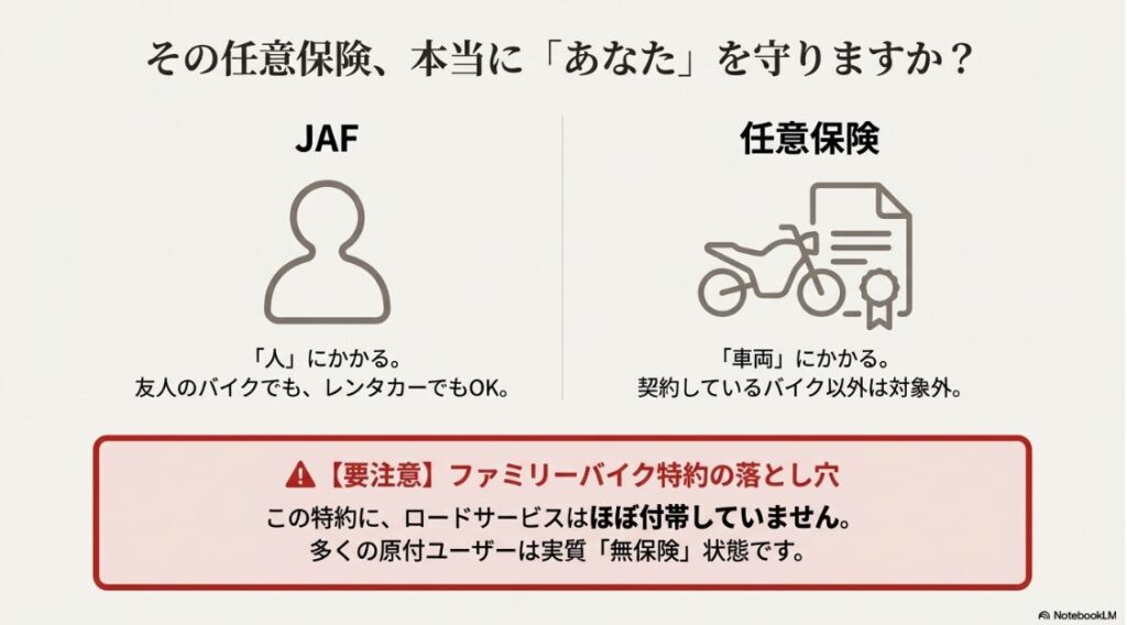 任意保険は「車両」にかかるが、ファミリーバイク特約にはロードサービスが付帯していない「無保険状態」の危険性を警告するスライド