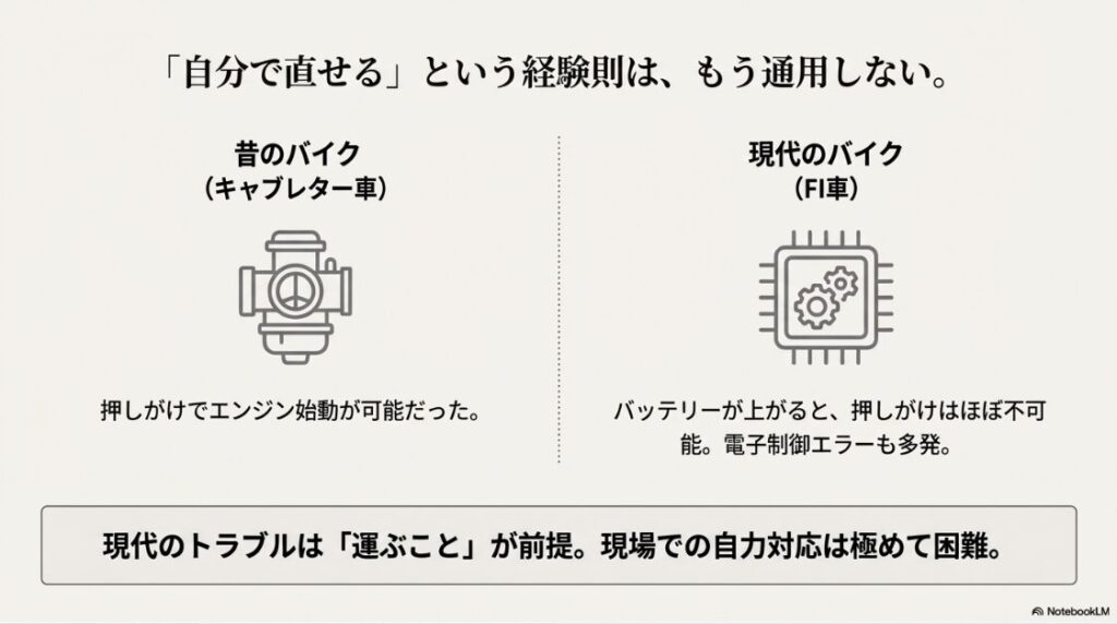 キャブレター車は押しがけ可能だったが、現代のFI車や電子制御バイクはバッテリー上がりなどで自力対応が困難であることを比較した図