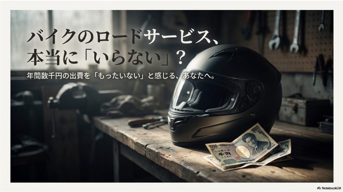 バイクのロードサービスは本当にいらない？「バイクのロードサービス本当にいらない？」という問いかけと、年間数千円を惜しむライダーへのメッセージが書かれたスライド