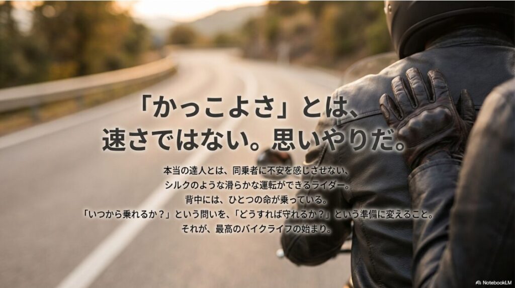 バイクの二人乗りはいつからで何歳からOK？「タンデムとは速さではない。思いやりだ。」というメッセージ画像。同乗者を守るための心構えが記されている。