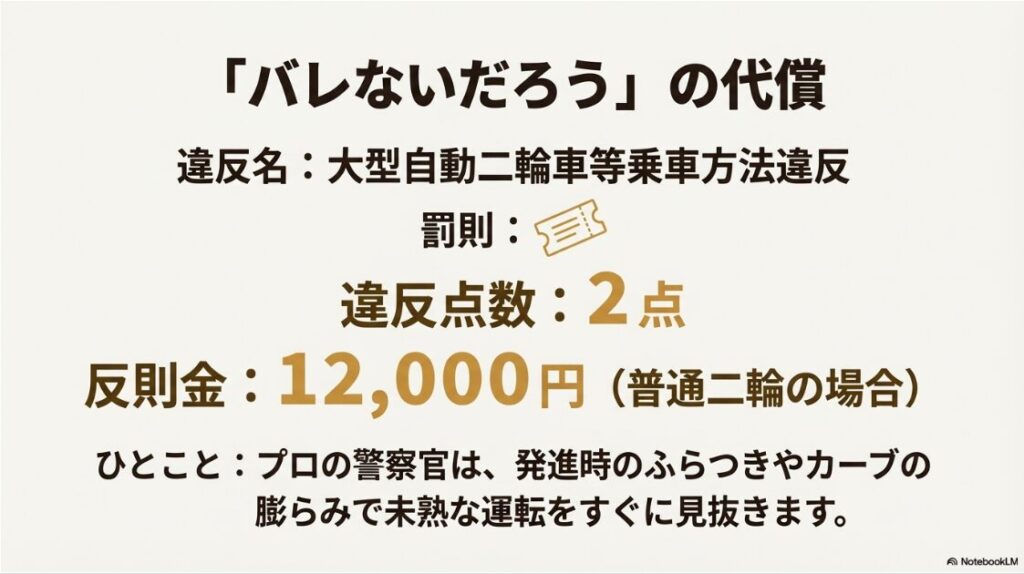 バイクの二人乗りはいつからで何歳からOK？大型自動二輪車等乗車方法違反の罰則内容。違反点数2点、反則金12,000円という代償が記載されている。