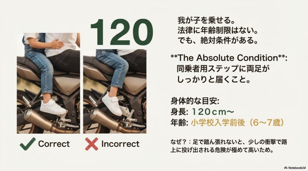 バイクの二人乗りはいつからで何歳からOK？バイクの後部座席に乗る子供の足元の写真。身長120cm以上を目安に、ステップにしっかり足が届くことが安全の必須条件であることを示している。