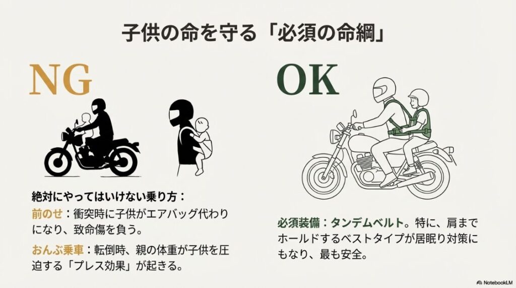 バイクの二人乗りはいつからで何歳からOK？バイクの前のせやおんぶ乗車などの危険なNG例と、安全なタンデムベルト着用時のOK例を比較したイラスト。