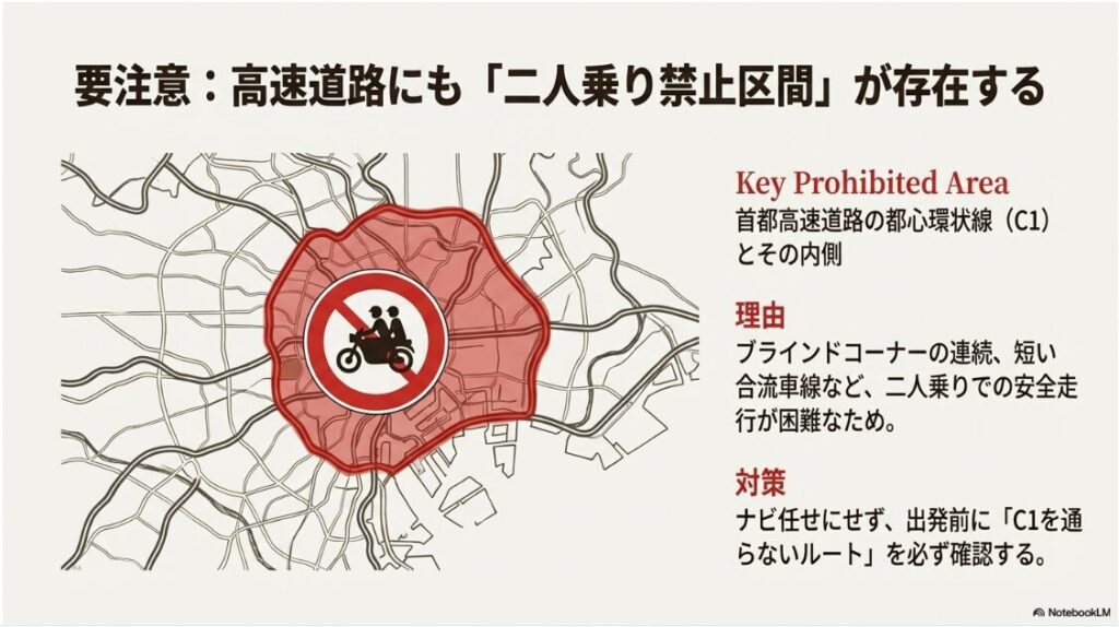 バイクの二人乗りはいつからで何歳からOK？首都高速道路の地図。都心環状線（C1）とその内側が二人乗り禁止エリアとして赤く強調表示されている。