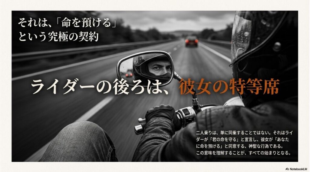 「命を預けるという究極の契約」というコピーと、ライダーの後ろが彼女の特等席であることを説明するスライド。