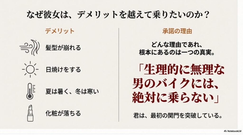髪型の崩れや日焼けなどのデメリットと、それでも乗る場合の「生理的に無理ではない」という心理的条件を比較した表。