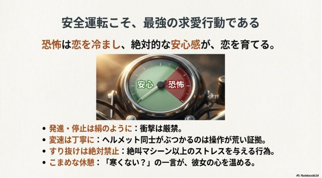 安心と恐怖を示すメーターのイラスト。「安全運転こそ、最強の求愛行動である」というメッセージが記載されたスライド。