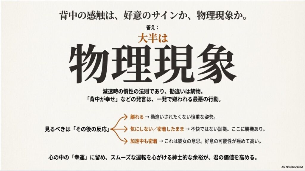 「大半は物理現象」という大きなタイポグラフィ。減速時の慣性の法則であり、勘違いは禁物であることを警告するスライド。