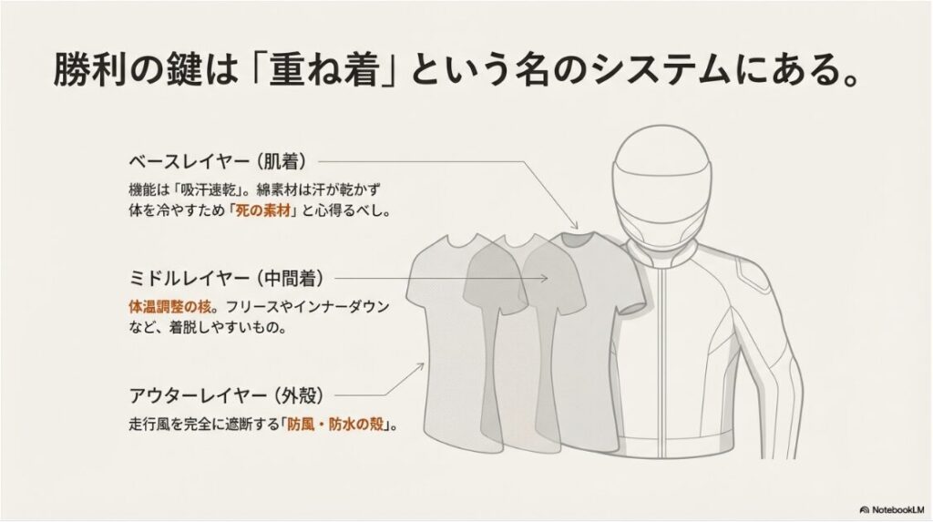 バイクの冬の服装おしゃれ術！ベースレイヤー（吸汗速乾）、ミドルレイヤー（保温）、アウターレイヤー（防風）の役割を示したバイク用重ね着の図解。