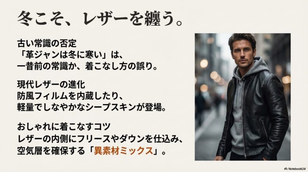 バイクの冬の服装おしゃれ術！レザージャケットの内側にパーカーを合わせ、防寒性を確保しつつカジュアルに着こなすおしゃれなライダーのスタイル。