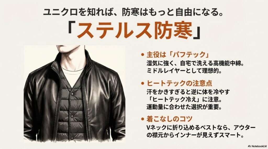 バイクの冬の服装おしゃれ術！レザージャケットの内側にVネックのインナーダウンを着用し、着膨れせずにおしゃれと防寒を両立させている男性のイラスト。