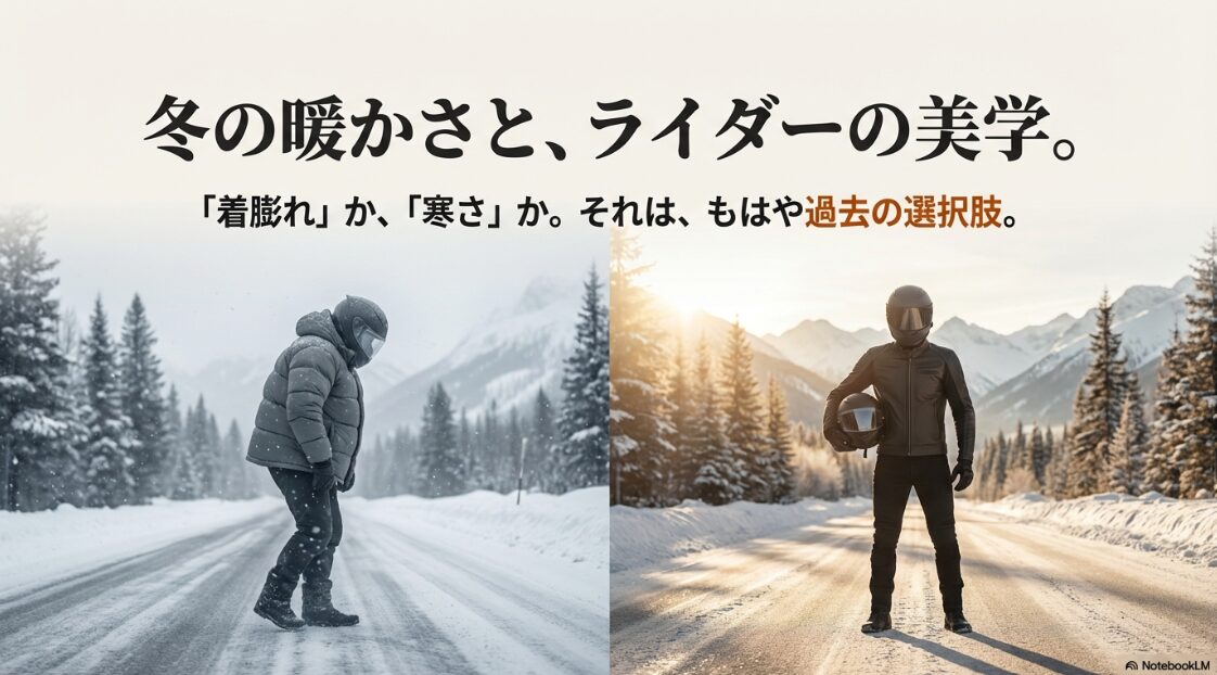 バイクの冬の服装おしゃれ術！着膨れか、寒さか。それはもはや過去の選択肢」というキャッチコピーが書かれた、冬のライダーの美学を象徴するタイトルスライド。