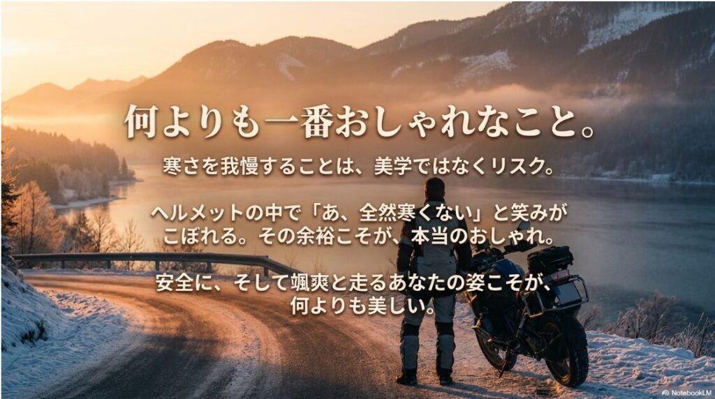 バイクの冬の服装おしゃれ術！「何よりも一番おしゃれなこと。寒さを我慢することは美学ではなくリスク」というメッセージが記された、冬のライダーの真のスタイルを定義するスライド画像。