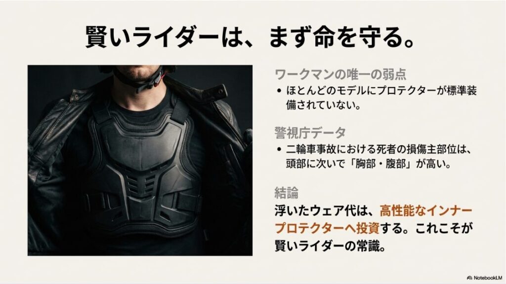 バイクの冬の服装おしゃれ術！カジュアルなウェアの下に着用することで胸部や脊椎を守る、バイク用インナープロテクター。