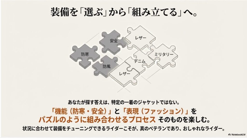 バイクの冬の服装おしゃれ術！防寒、安全、レザー、デニムなどの要素をパズルのように組み合わせ、自分だけの最適解を見つける概念図。
