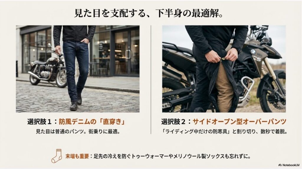 バイクの冬の服装おしゃれ術！街乗りに最適な防風ジーンズと、脱ぎ履きが簡単なサイドオープン式のオーバーパンツの比較画像。