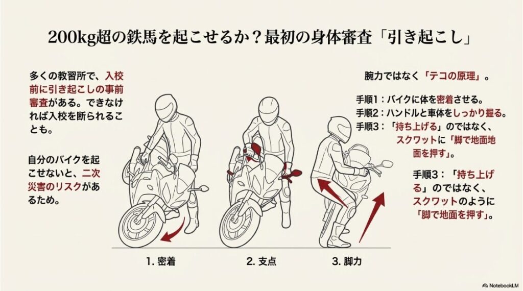 バイクの引き起こし手順の図解。腕力ではなくテコの原理と脚力を使って起こすフォームの解説イラスト。