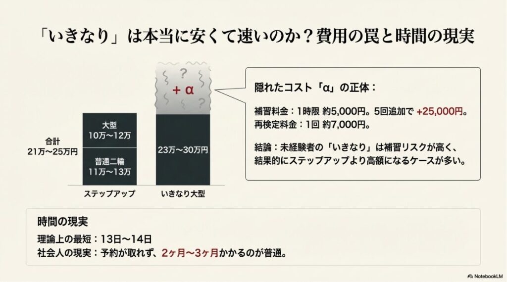 いきなり大型取得とステップアップ取得の費用比較グラフ。補習料金や再検定料金のリスクを含めたトータルコストの解説。
