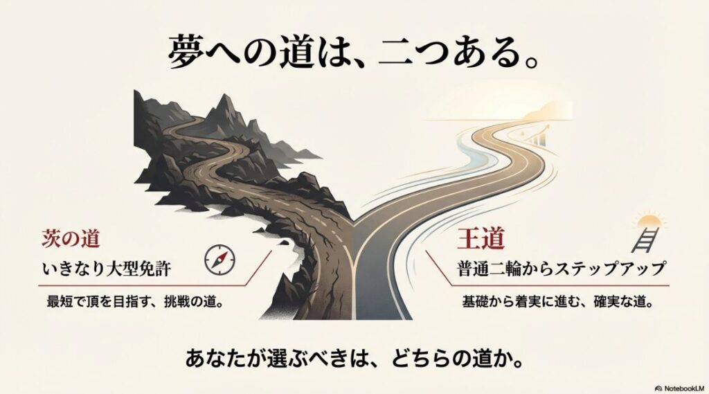 いきなり大型免許を目指す「茨の道」と、普通二輪から進む「王道」を比較したイラスト図。