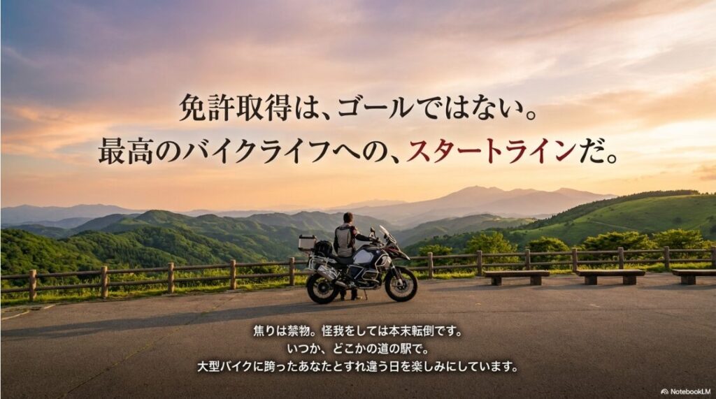 バイクライフの始まりを告げるメッセージ画像。安全運転への願い。