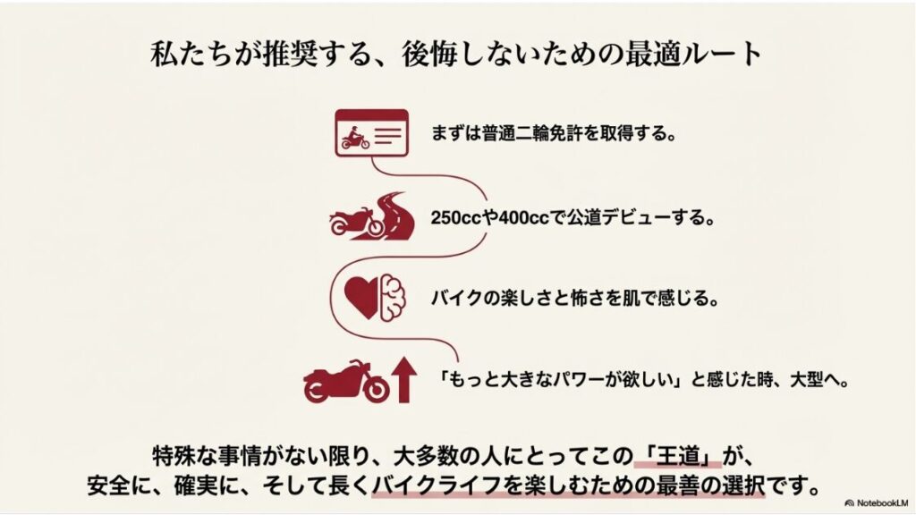 普通二輪取得から中型バイクでの公道デビュー、経験を経て大型へ進む4ステップのフローチャート。