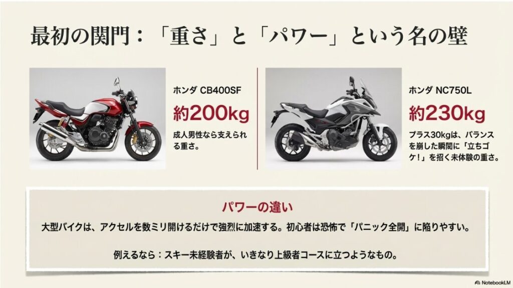 ホンダCB400SF（約200kg）と大型教習車NC750L（約230kg）の写真比較。重量と立ちゴケリスクの違いを解説。