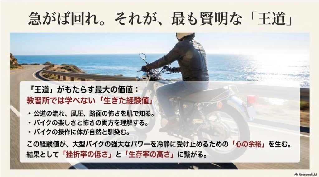 公道での経験値が大型バイクを操る「心の余裕」と「安全性」につながることを説明した概念図。