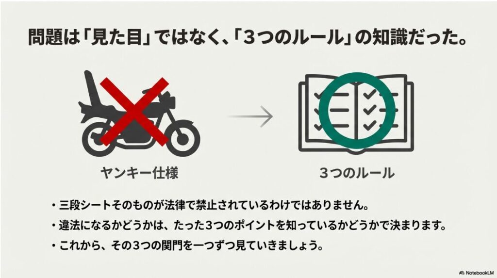 バイクの背もたれはヤンキー仕様だと違法？大きな背もたれのあるバイクに×印がついたイラスト。見た目だけでなく3つの法的ルールを知ることが重要であることを示唆している。
